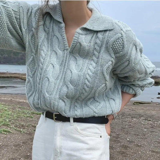 Luxury Kitty Retro Women Sweater Pullovers Knitted Casual Solid Autumn Turn-down Collar Feminine Loose All Match Soft Sweet Tops
