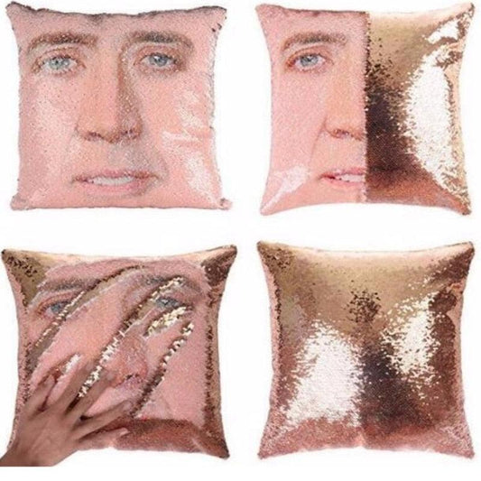 Magical Nicolas Cage Suede Fabric Cushion Cover Sequin Pillow Case Decorative Mermaid Pillow Cover Color Changing Cushion Throw Pillowcase Super Shining Reversible Cover Home Car Decoraion 40x40CM