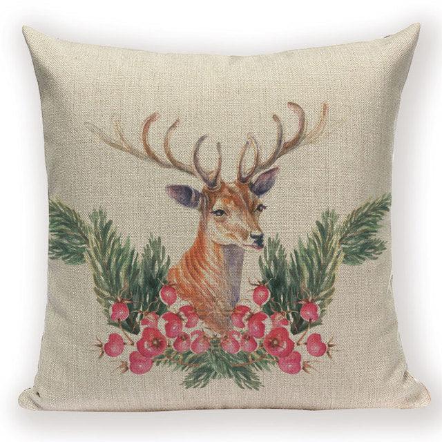 Merry Christmas Tree Cute Deer Happy Festival New Year Decorations Christmas Throw Pillow Covers Christmas Decorative Couch Pillow Cases Cotton Linen Pillow Square Cushion Cover For Home Bed