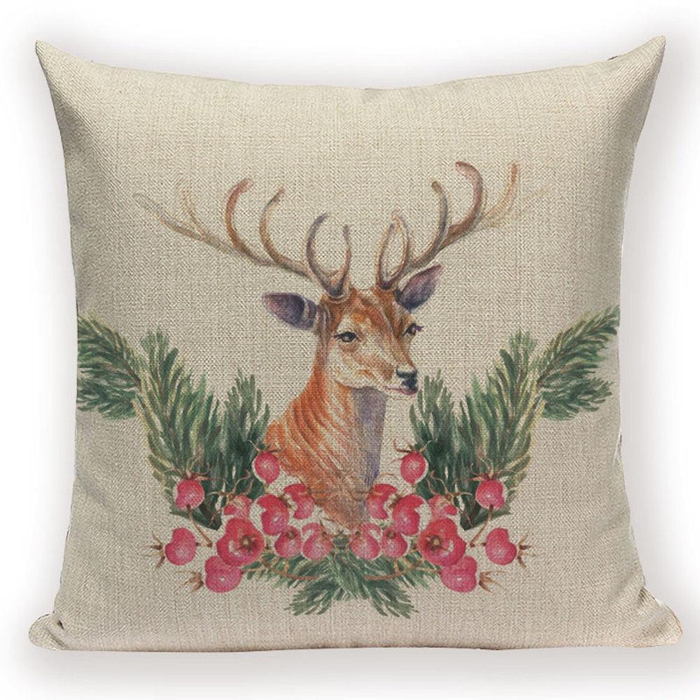 Merry Christmas Tree Cute Deer Happy Festival New Year Decorations Christmas Throw Pillow Covers Christmas Decorative Couch Pillow Cases Cotton Linen Pillow Square Cushion Cover For Home Bed
