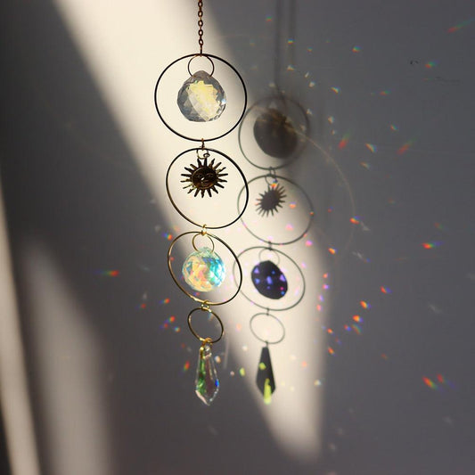 Metallic Hoop Moon Sun Catcher Hanging Crystal Pendant Chandelier Lamps Light Crystals Glass Pendants Light Rainbow Maker Wind Chime Hanging Drop Gift of Good Luck Garden Decor Hanging Ornament For Home Decoration