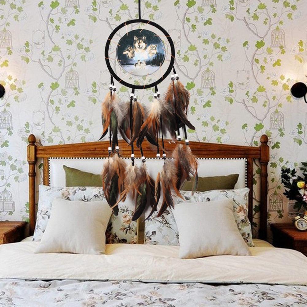 Modern Dream Catcher Wolf Totem Car Hanging Ornaments Pendant Wolf Decor Traditional Feather Wind Chimes Handmade For Bedroom Wall Hanging Home Decorations Crafts