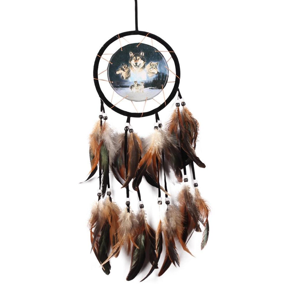 Modern Dream Catcher Wolf Totem Car Hanging Ornaments Pendant Wolf Decor Traditional Feather Wind Chimes Handmade For Bedroom Wall Hanging Home Decorations Crafts