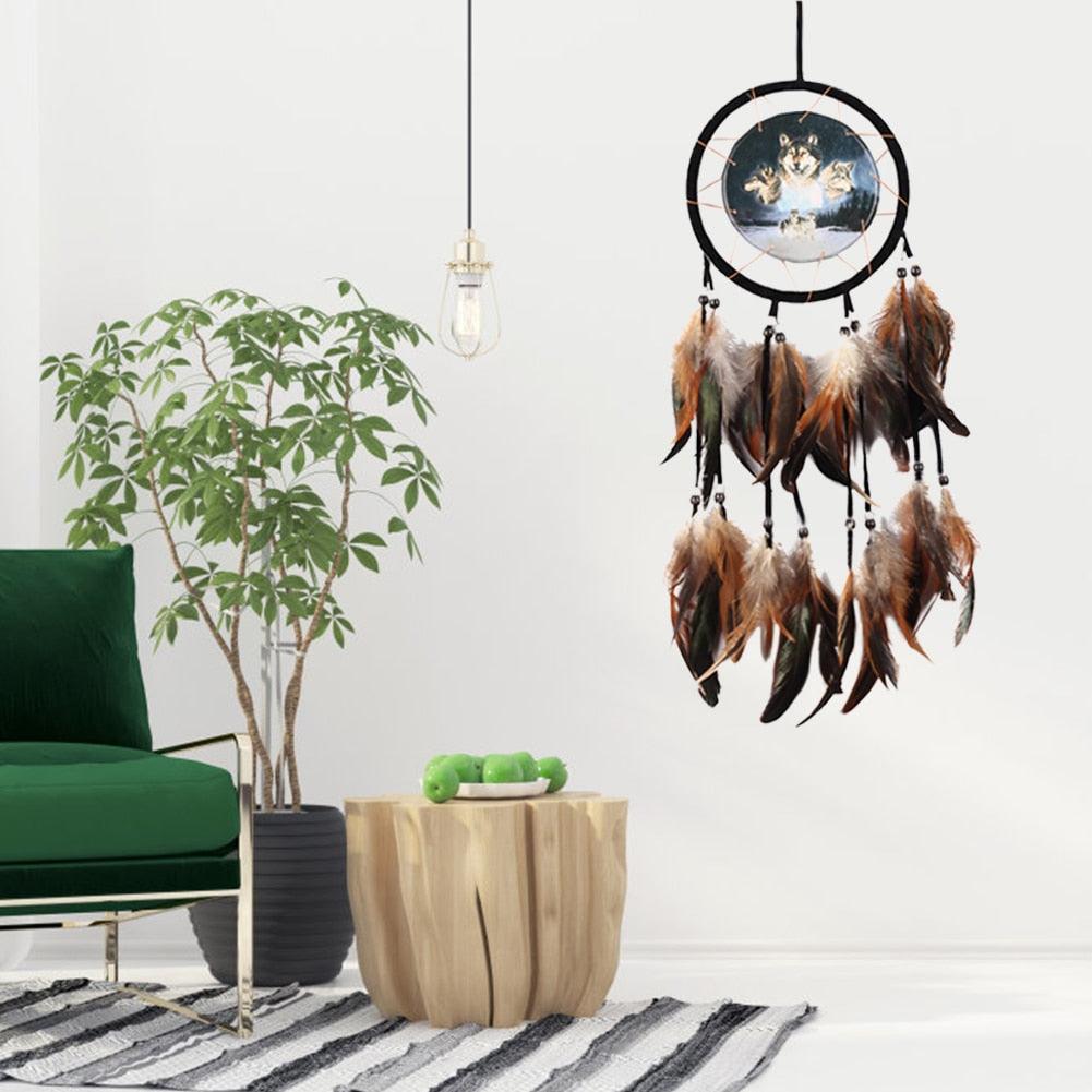 Modern Dream Catcher Wolf Totem Car Hanging Ornaments Pendant Wolf Decor Traditional Feather Wind Chimes Handmade For Bedroom Wall Hanging Home Decorations Crafts