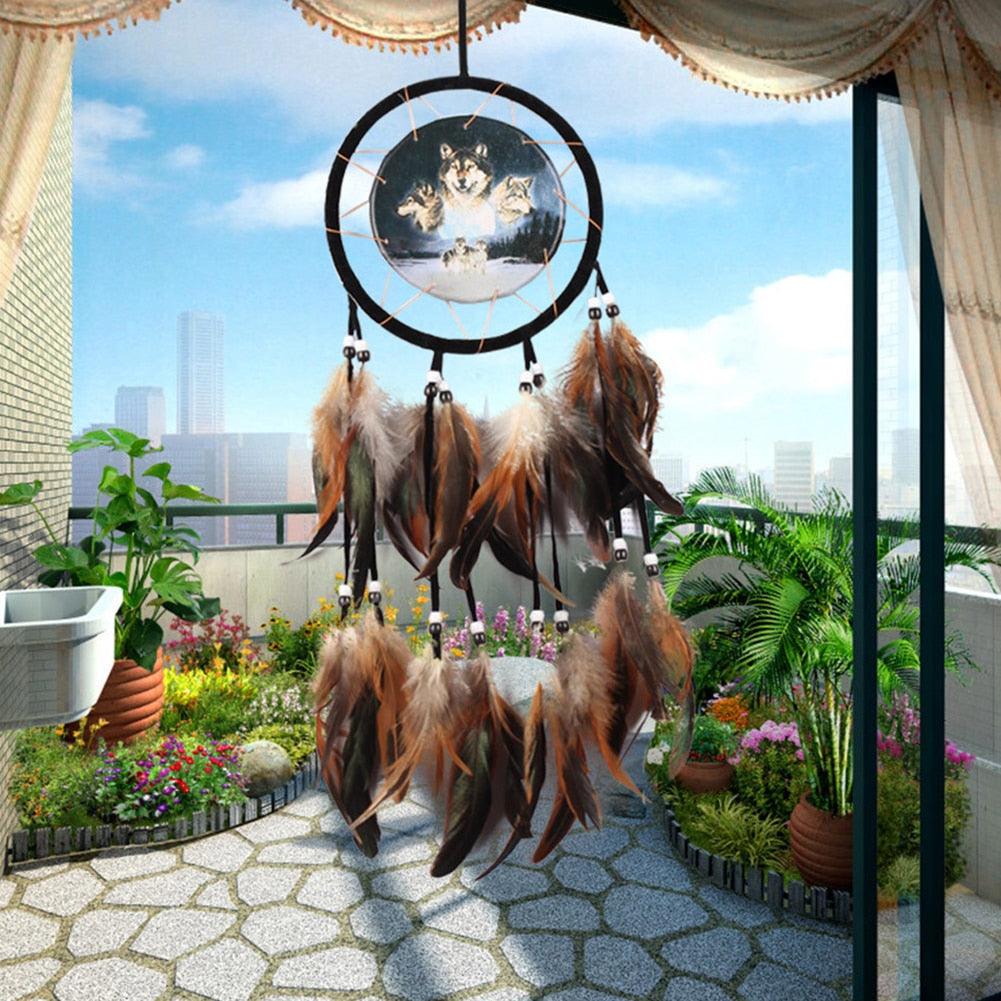 Modern Dream Catcher Wolf Totem Car Hanging Ornaments Pendant Wolf Decor Traditional Feather Wind Chimes Handmade For Bedroom Wall Hanging Home Decorations Crafts