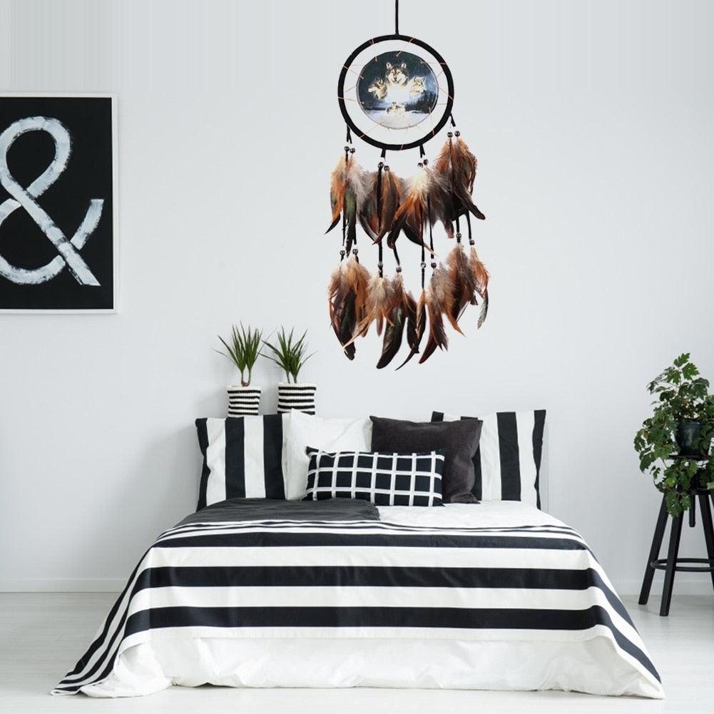 Modern Dream Catcher Wolf Totem Car Hanging Ornaments Pendant Wolf Decor Traditional Feather Wind Chimes Handmade For Bedroom Wall Hanging Home Decorations Crafts
