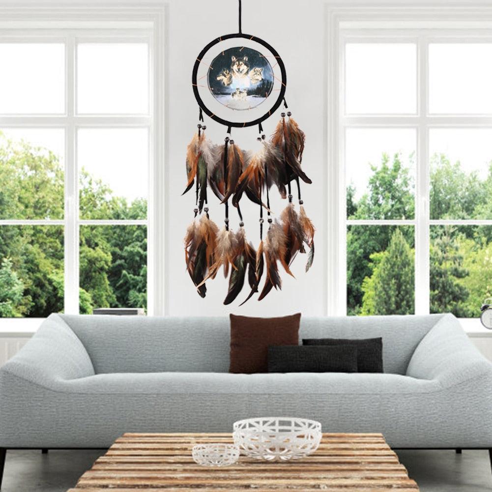 Modern Dream Catcher Wolf Totem Car Hanging Ornaments Pendant Wolf Decor Traditional Feather Wind Chimes Handmade For Bedroom Wall Hanging Home Decorations Crafts