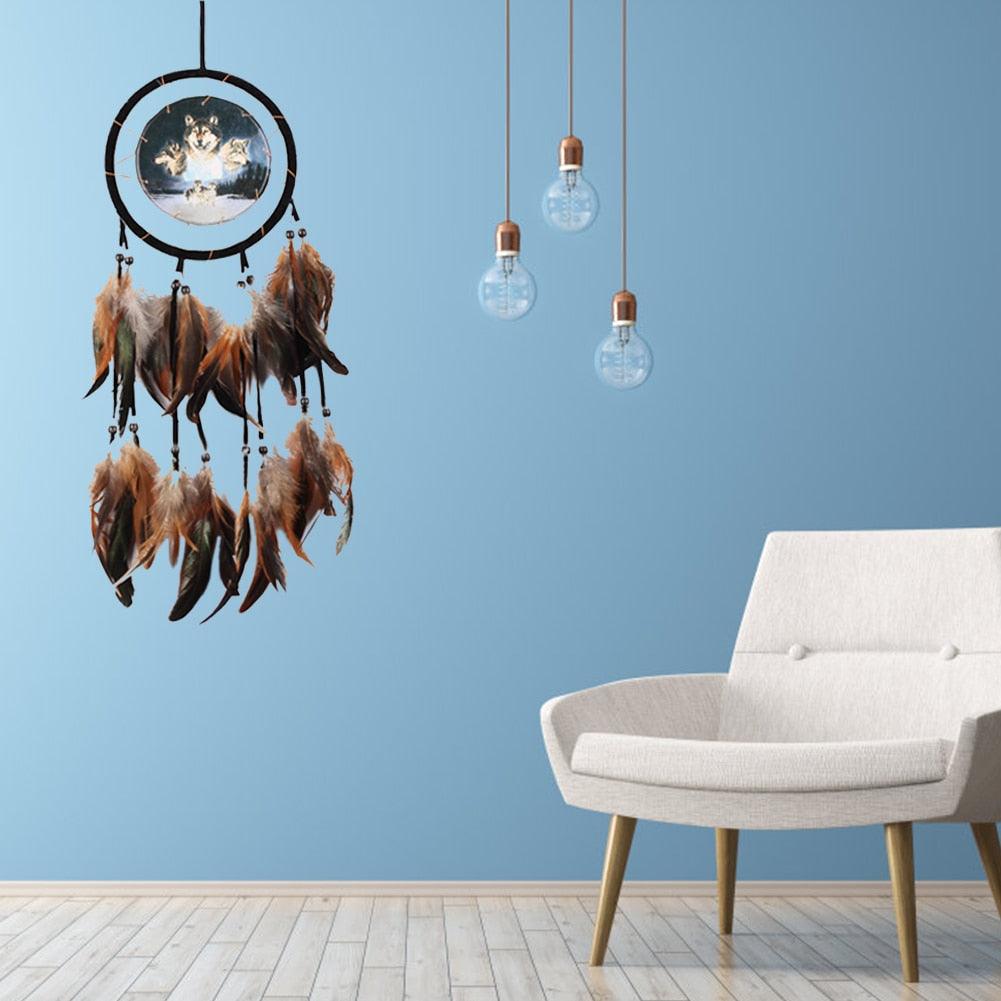 Modern Dream Catcher Wolf Totem Car Hanging Ornaments Pendant Wolf Decor Traditional Feather Wind Chimes Handmade For Bedroom Wall Hanging Home Decorations Crafts