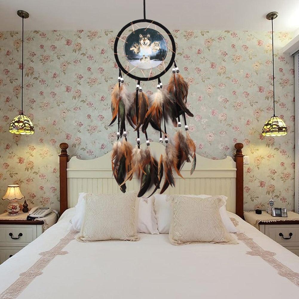 Modern Dream Catcher Wolf Totem Car Hanging Ornaments Pendant Wolf Decor Traditional Feather Wind Chimes Handmade For Bedroom Wall Hanging Home Decorations Crafts