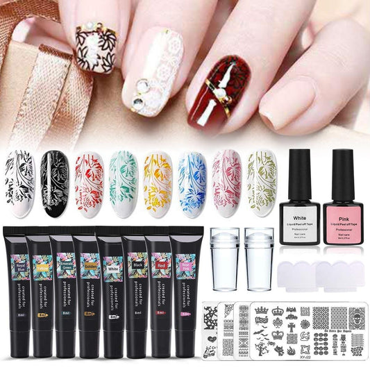 Nail Stamping Gel Set 8 Colors UV Gel Varnish for Nail Art Stamping Plate 4 Boards Black White Nail Gel for Girls and Women