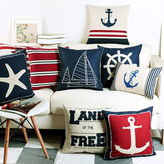 Navigation Navy Blue Nautical Shell Starfish Linen Pillow Cover Blue Anchor Navigation Anchor Sailboat Pillowcase Marine Cushion Cover Sofa Home Decorative Cushion Cover For Home