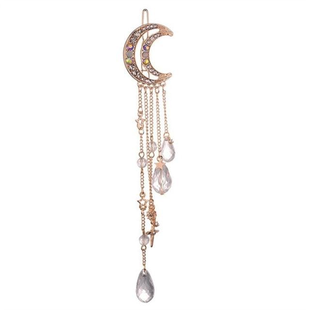 New Fashion Crystal Rhinestone Moon Tassel Hairpin Five-pointed Star Pendant Luxury Jewelry Crystal Side Clip Gorgeous Hair Accessories For Women