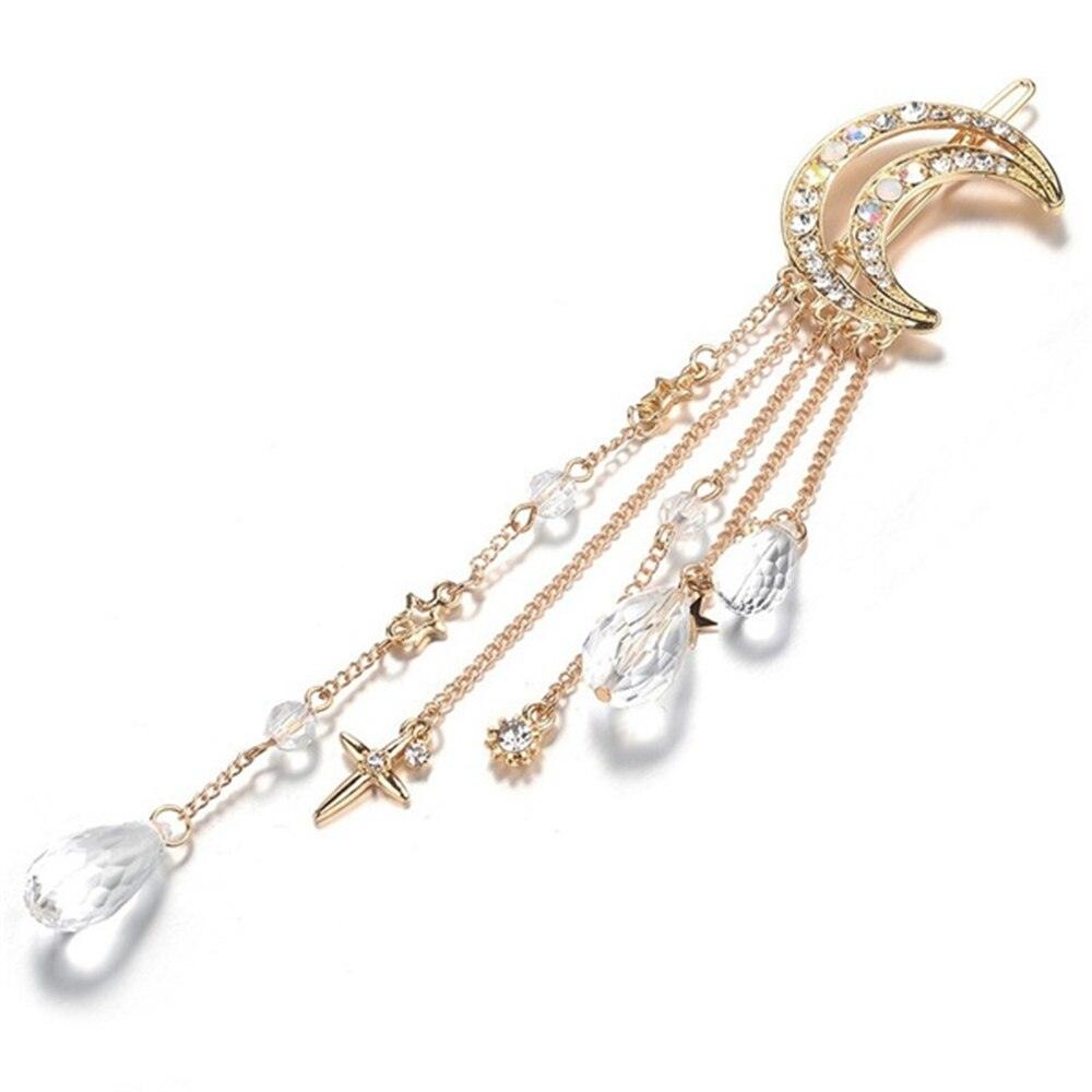 New Fashion Crystal Rhinestone Moon Tassel Hairpin Five-pointed Star Pendant Luxury Jewelry Crystal Side Clip Gorgeous Hair Accessories For Women