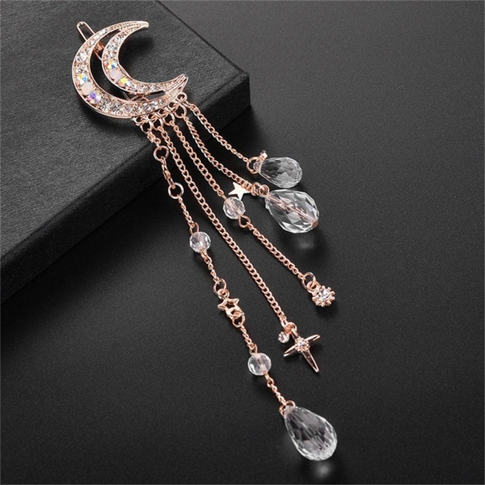 New Fashion Crystal Rhinestone Moon Tassel Hairpin Five-pointed Star Pendant Luxury Jewelry Crystal Side Clip Gorgeous Hair Accessories For Women