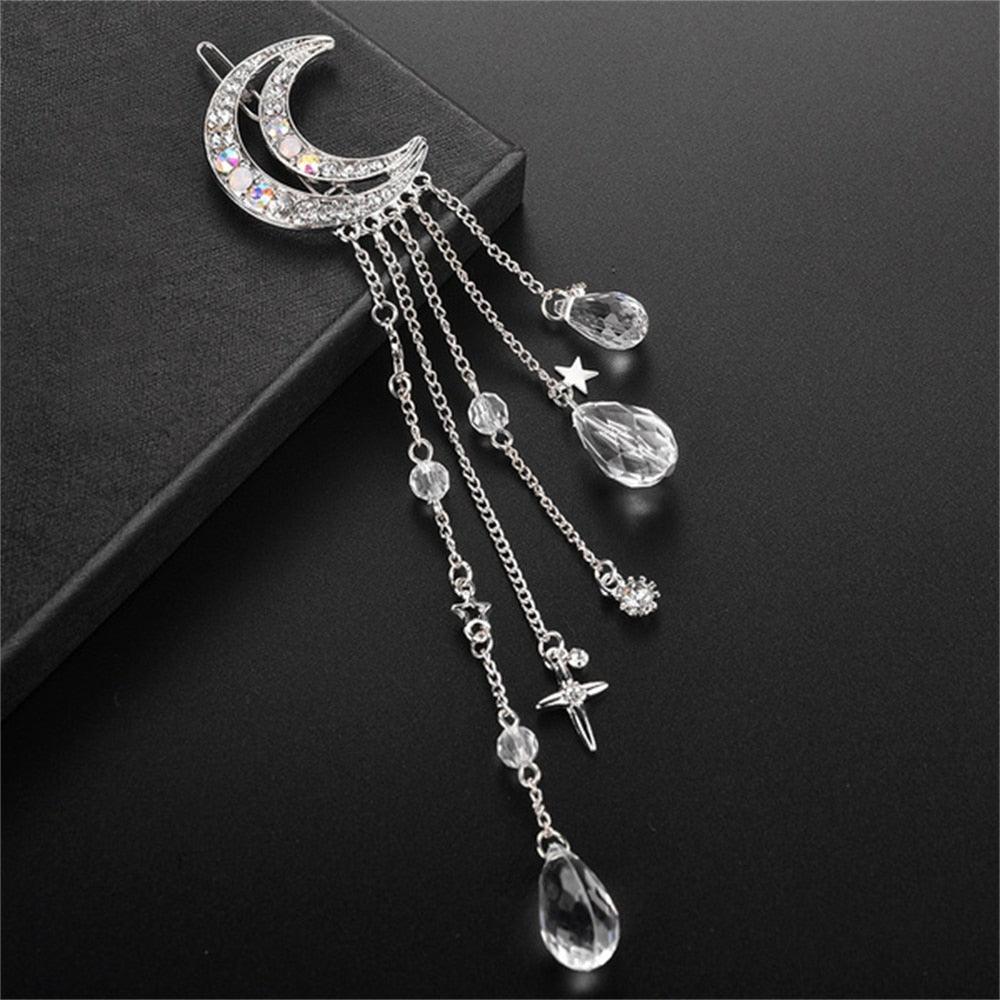 New Fashion Crystal Rhinestone Moon Tassel Hairpin Five-pointed Star Pendant Luxury Jewelry Crystal Side Clip Gorgeous Hair Accessories For Women