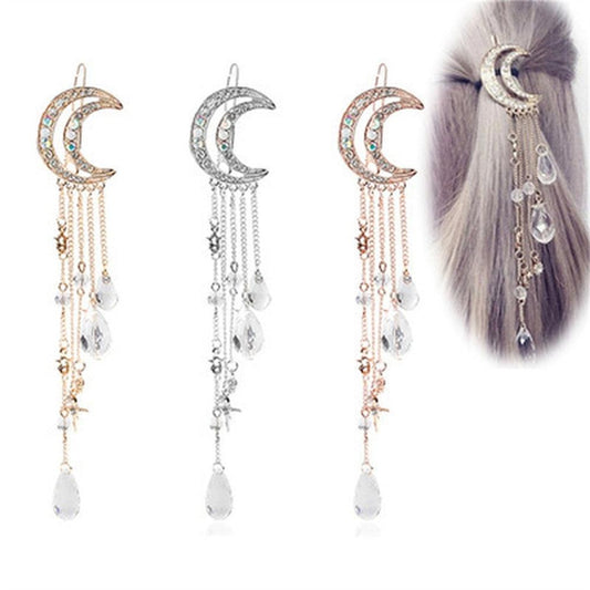 New Fashion Crystal Rhinestone Moon Tassel Hairpin Five-pointed Star Pendant Luxury Jewelry Crystal Side Clip Gorgeous Hair Accessories For Women