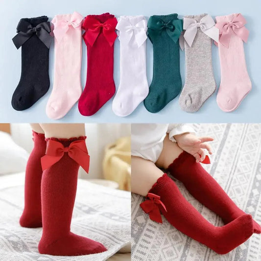New Kids Socks Toddlers Girls Big Bow Knee High Quality Long Soft Autumn Winter 100% Cotton Lace Baby Tube Sock Baby Cotton Knee Socks Warm Big Bow Knot Baby Stockings Stylish Leg Warmer Soft Dance Socks