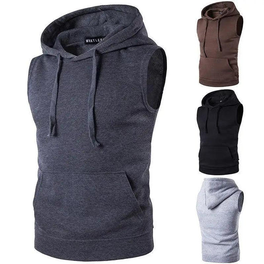 New Men's Solid Sleeveless Hoodie Sweatshirt Casual Loose Drawstring Tops with Pockets Autumn Winter Muscle Sleeveless Hoodies Gym Sport Bodybuilding Hoodie