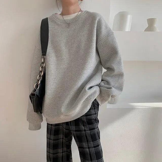 New Spring Fleece Thick Sweatshirt Vintage Solid Warm O Neck Pullover Grey Brown Lady New All-Match Hooded Autumn Women Pullover Round Neck Large Size Loose Long Sleeve Sweatshirt