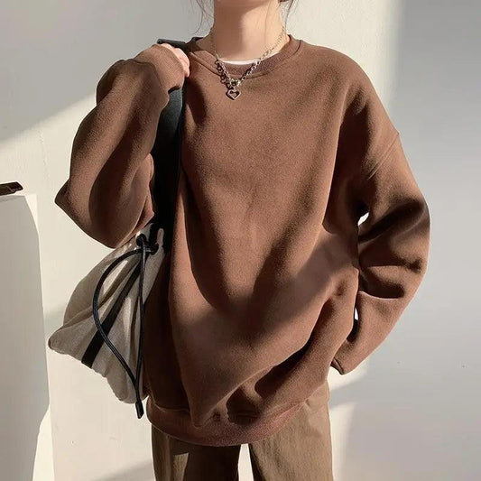 New Spring Fleece Thick Sweatshirt Vintage Solid Warm O Neck Pullover Grey Brown Lady New All-Match Hooded Autumn Women Pullover Round Neck Large Size Loose Long Sleeve Sweatshirt