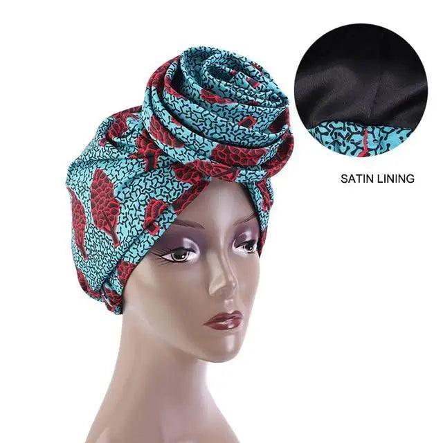 New Vintage African Print Stretch Bandana Head Wrap Long Scarf satin Floral Women Party Turban Headwear Cap Hair Accessories