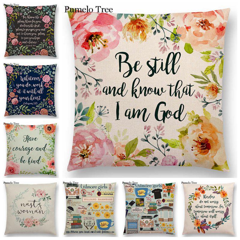 Newest Floral Quotes Decorative Pillow Covers Fresh Flowers Garland Inspirational Words Decorative Cotton Linen Throw Pillow Cushion Covers And Gifts For Women Daughter Mum Best Friend Birthday Home Decorations