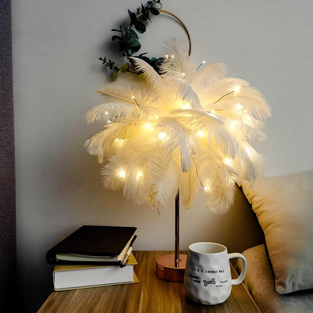 Novelty Feather Night Light Remote Fairy Copper Lamp for Home Living Room Bedroom Bedside Backlight Party Wedding Decoration Cute Study Lamps for Bedroom Décor