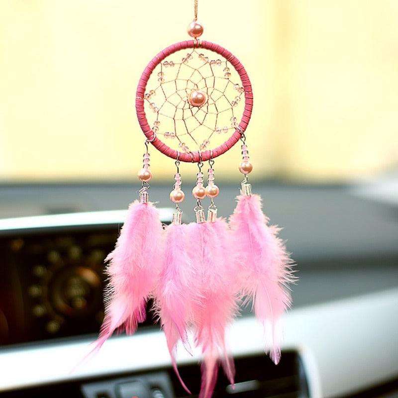 Pink Handmade Dream Catcher Wind Chimes Indian Style Feather Pendant Dream Catcher Car Hanging Decoration Wind Chime Wall Hanging Home Decor