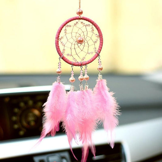 Pink Handmade Dream Catcher Wind Chimes Indian Style Feather Pendant Dream Catcher Car Hanging Decoration Wind Chime Wall Hanging Home Decor