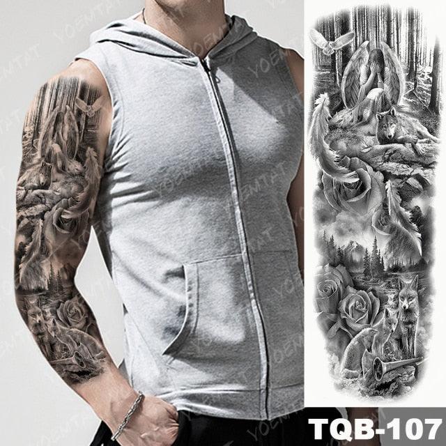 Full Arm Temporary Tattoos 8 Sheets and Half Arm Shoulder Waterproof Tattoos Elegant Large Lion Sleeve Sticker Tattoo Waterproof Temporary Big Wolf Tatoos For Men and Women