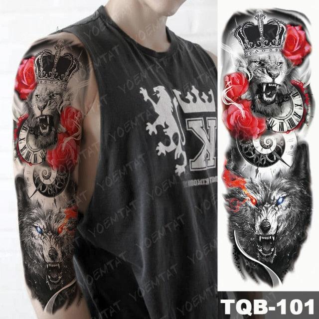 Full Arm Temporary Tattoos 8 Sheets and Half Arm Shoulder Waterproof Tattoos Elegant Large Lion Sleeve Sticker Tattoo Waterproof Temporary Big Wolf Tatoos For Men and Women