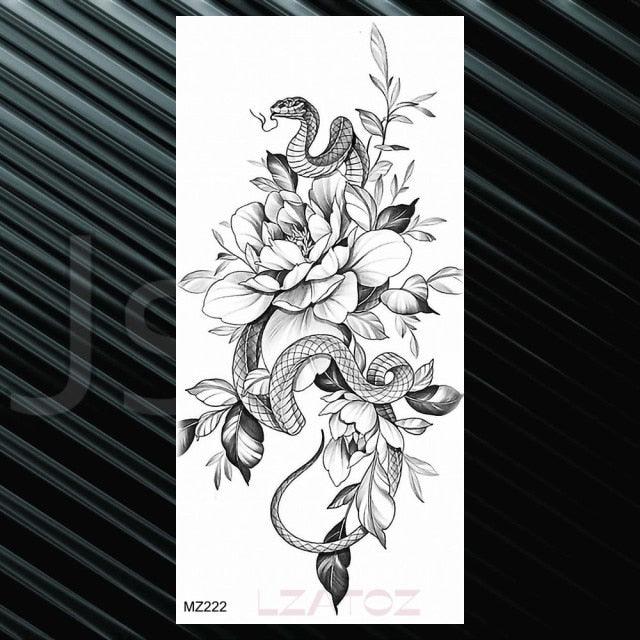 Women's Fashion Flower Temporary Tattoos Sticker Fake Rose Waterproof Large Realistic Black Colorful Flowers Tattoos