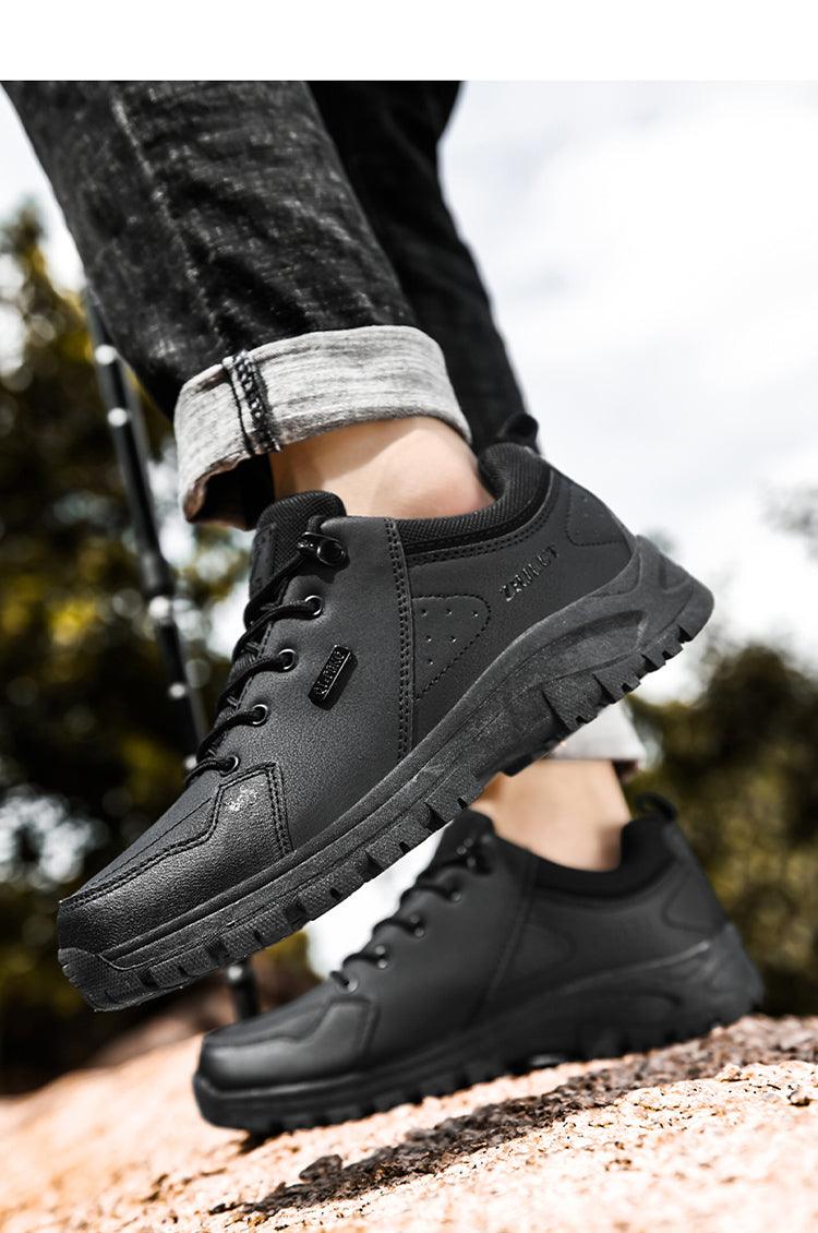 Black Leather Hiking Shoes Wear Resistant Outdoor Sport Mens Shoes Lace-Up Mens Climbing Hunting Low Cut Boots Leather Walking Shoes For Outdoor Training