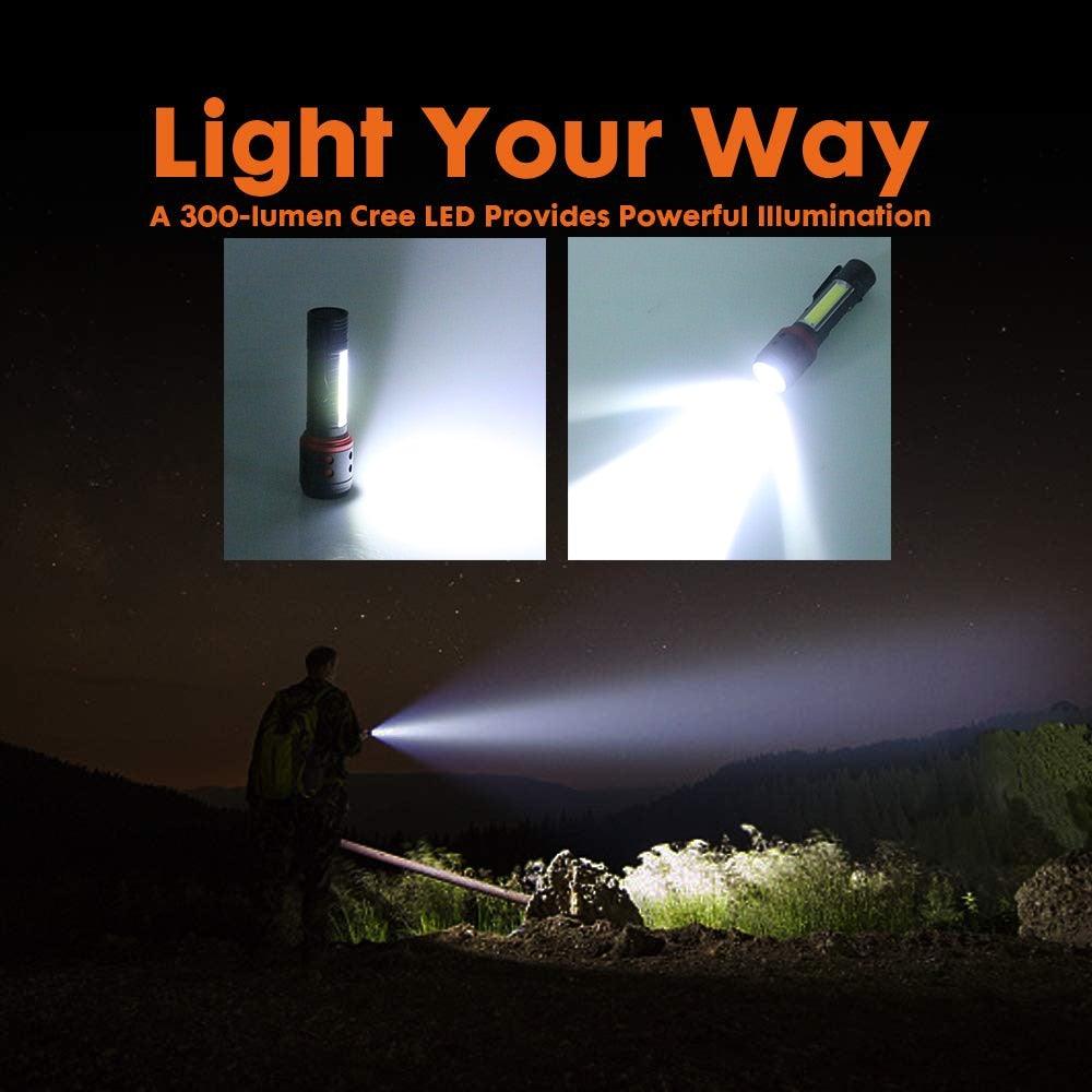 Rechargeable Adjustable LED Flashlight with Worklight Mini LED 4 Lighting Modes Flashlight with Water-Resistant COB Side Light Portable Zoomable  High Lumens Lamp For Camping Hiking