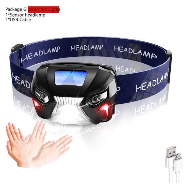 Rechargeable Adjustable LED USB Headlamp 10000Lm Powerfull Adjustable Waterproof Headlight Body Motion Sensor Head Flashlight For Outdoor Hiking Camping Torch Light Lamp