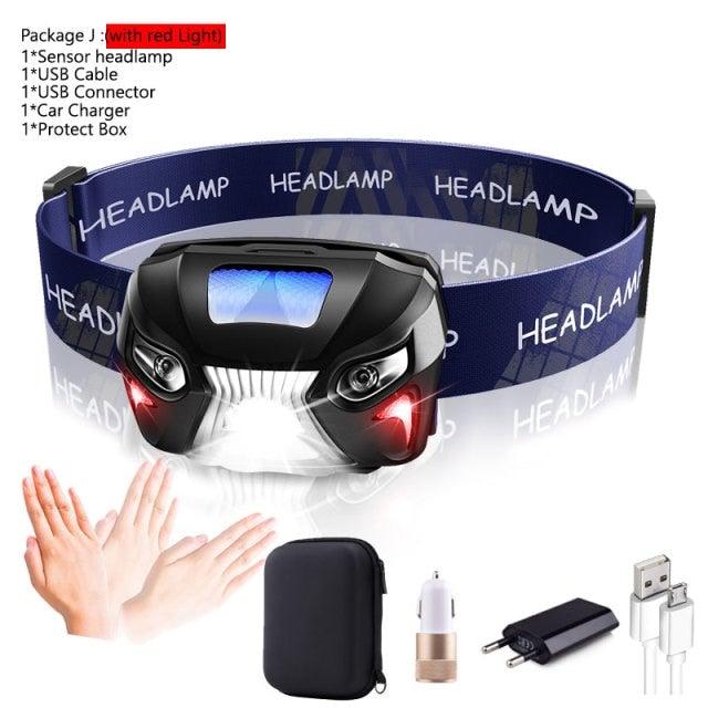 Rechargeable Adjustable LED USB Headlamp 10000Lm Powerfull Adjustable Waterproof Headlight Body Motion Sensor Head Flashlight For Outdoor Hiking Camping Torch Light Lamp