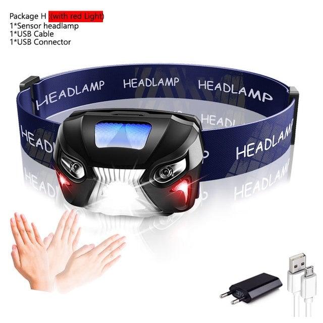 Rechargeable Adjustable LED USB Headlamp 10000Lm Powerfull Adjustable Waterproof Headlight Body Motion Sensor Head Flashlight For Outdoor Hiking Camping Torch Light Lamp