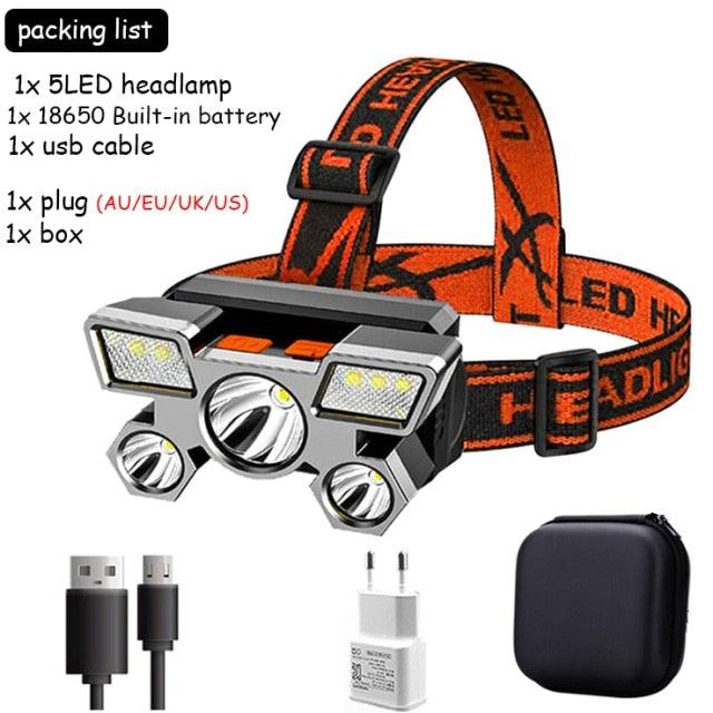 Rechargeable Adjustable  USB 5LED Headlamp with High Lumen Handsfree Waterproof Portable Ability Focusing Ring Headlight Flashlight  Torchlight For Outdoor  Camping Hiking Running Headlight