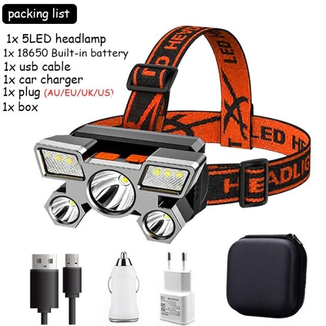 Rechargeable Adjustable  USB 5LED Headlamp with High Lumen Handsfree Waterproof Portable Ability Focusing Ring Headlight Flashlight  Torchlight For Outdoor  Camping Hiking Running Headlight