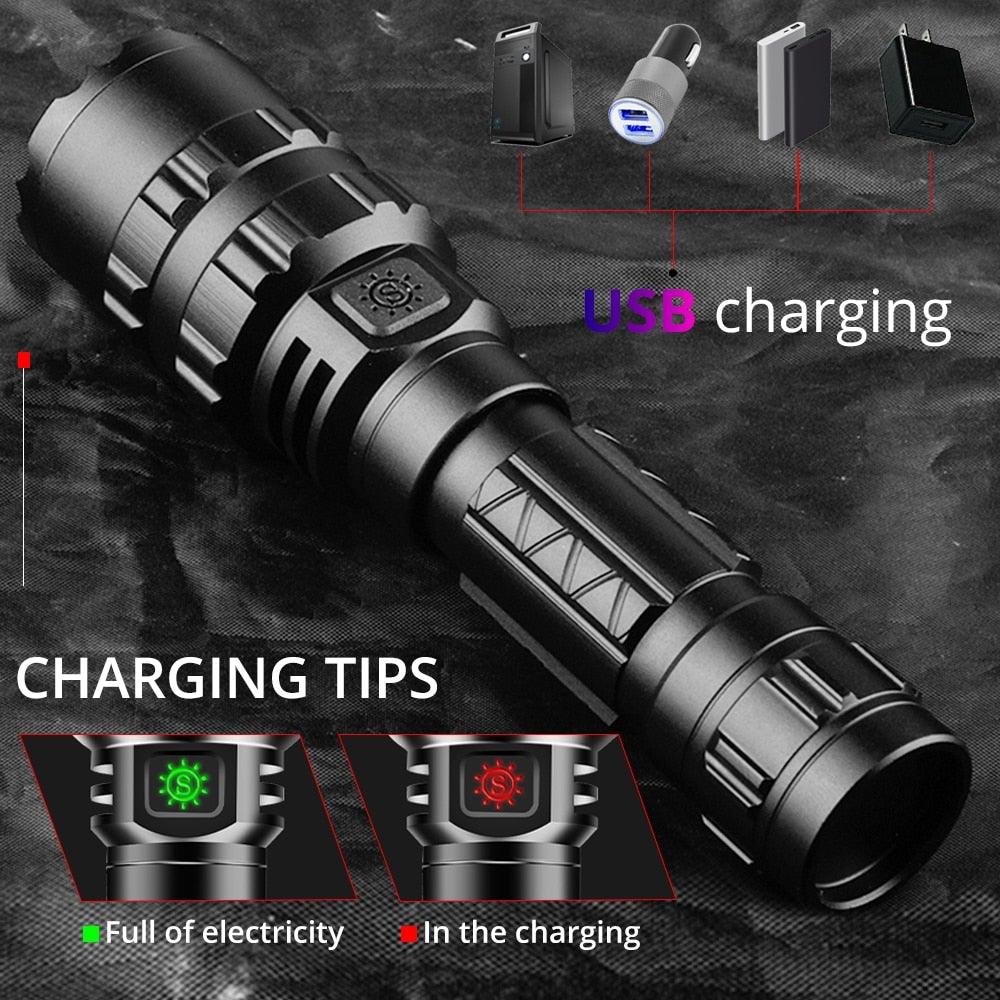 Rechargeable  LED Tactical Flashlights Waterproof Powerful High Lumen Super  Bright Power LED Aluminum Flashlight For Hiking Outdoor Camping Fishing Jogging Running HouseholdPowerful Light