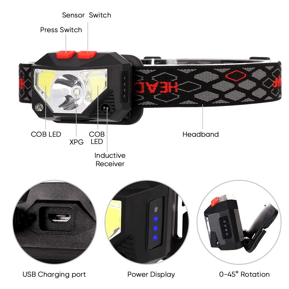 Rechargeable Powerful USB LED High Lumen Headlamp Ultra-Light Bright Headlight Waterproof Sensor Head Light  For Outdoors Camping Running Hiking Biking Fishing