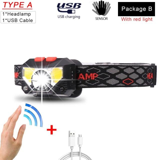 Rechargeable Powerful USB LED High Lumen Headlamp Ultra-Light Bright Headlight Waterproof Sensor Head Light  For Outdoors Camping Running Hiking Biking Fishing