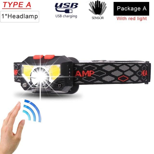 Rechargeable Powerful USB LED High Lumen Headlamp Ultra-Light Bright Headlight Waterproof Sensor Head Light  For Outdoors Camping Running Hiking Biking Fishing