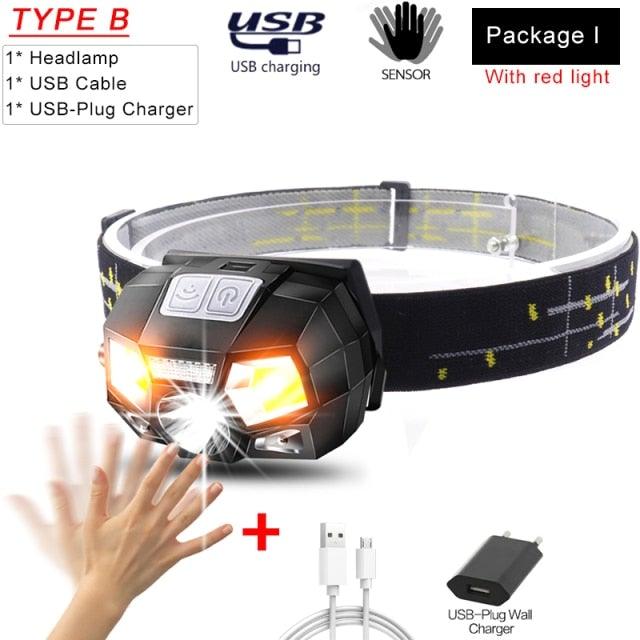 Rechargeable Powerful USB LED High Lumen Headlamp Ultra-Light Bright Headlight Waterproof Sensor Head Light  For Outdoors Camping Running Hiking Biking Fishing