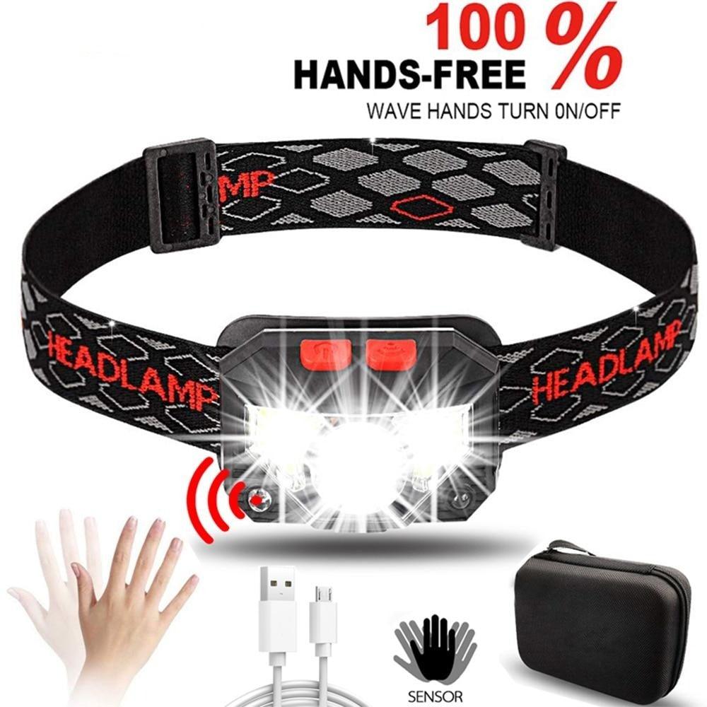 Rechargeable Powerful USB LED High Lumen Headlamp Ultra-Light Bright Headlight Waterproof Sensor Head Light  For Outdoors Camping Running Hiking Biking Fishing