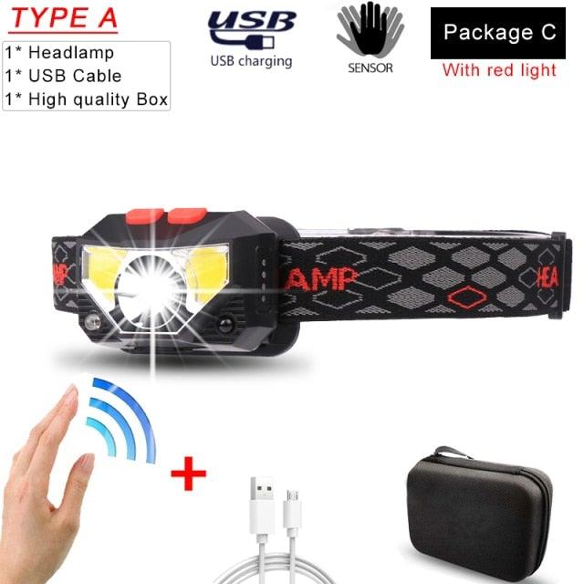 Rechargeable Powerful USB LED High Lumen Headlamp Ultra-Light Bright Headlight Waterproof Sensor Head Light  For Outdoors Camping Running Hiking Biking Fishing