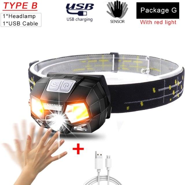 Rechargeable Powerful USB LED High Lumen Headlamp Ultra-Light Bright Headlight Waterproof Sensor Head Light  For Outdoors Camping Running Hiking Biking Fishing