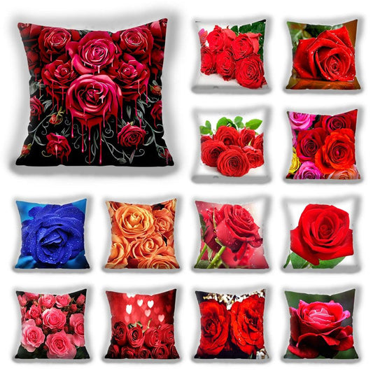Red Flower Cushion Pillow Covers Love Pillow Covers Decorative Linen Square Couple Cushion Cases Home Decor Polyester Throw Pillow Case Super Soft Short Plush Cushion Cover Festive Home Decorative Cushions 45X45CM