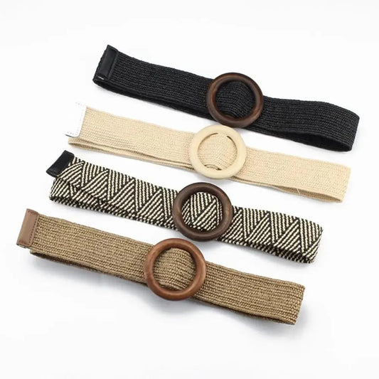 Round Wooden Smooth Buckle Waistbands For Women Vintage Design Skinny Dress Belt Charming Gift For Ladies