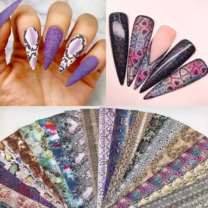 Snakeskin Nail Foils for Nails Transfer Paper Sticker Sexy Sliders Adhesive Paper Wraps Snake Nail Art Decorations Women Nail Decorations Accessories Metal Curve Stripe Lines Design Letter Nail Sticker Adhesive Decoration